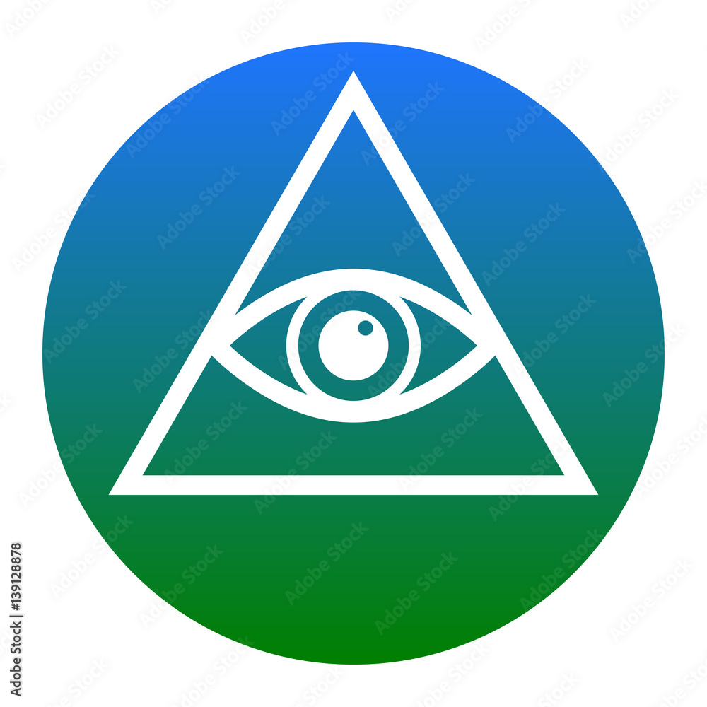All seeing eye pyramid symbol. Freemason and spiritual. Vector. White icon in bluish circle on white background. Isolated. All seeing eye pyramid symbol. Freemason and spiritual. Vector. White icon in bluish circle on white background. Isolated.