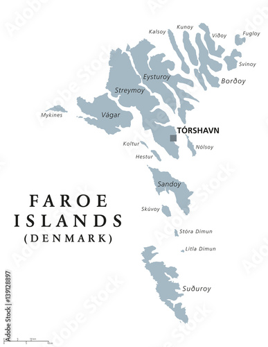 Faroe Islands political map with capital Torshavn, also the Faeroes. Autonomous country and part of the Kingdom of Denmark. Archipelago in North Atlantic. Gray illustration. English labeling. Vector.