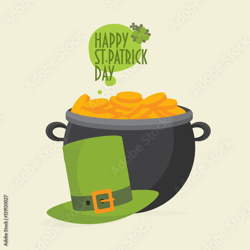 Saint Patrick's Day greeting card template. Leprechaun hat and a pot full of coins. Speech bubble with a shamrock.