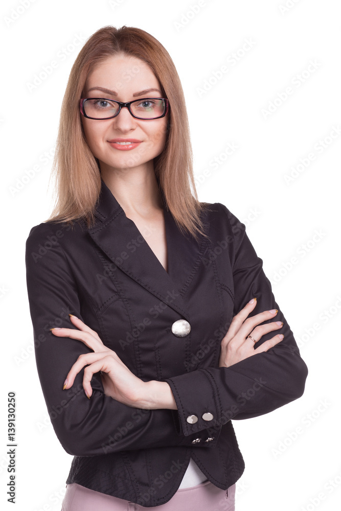 Pretty businesswoman with arm folded wearing glasses isolated Pretty businesswoman with arm folded wearing glasses isolated