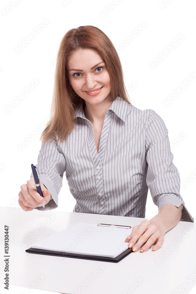 Smiling woman with clipboard offer to sign job contract Smiling woman with clipboard offer to sign job contract