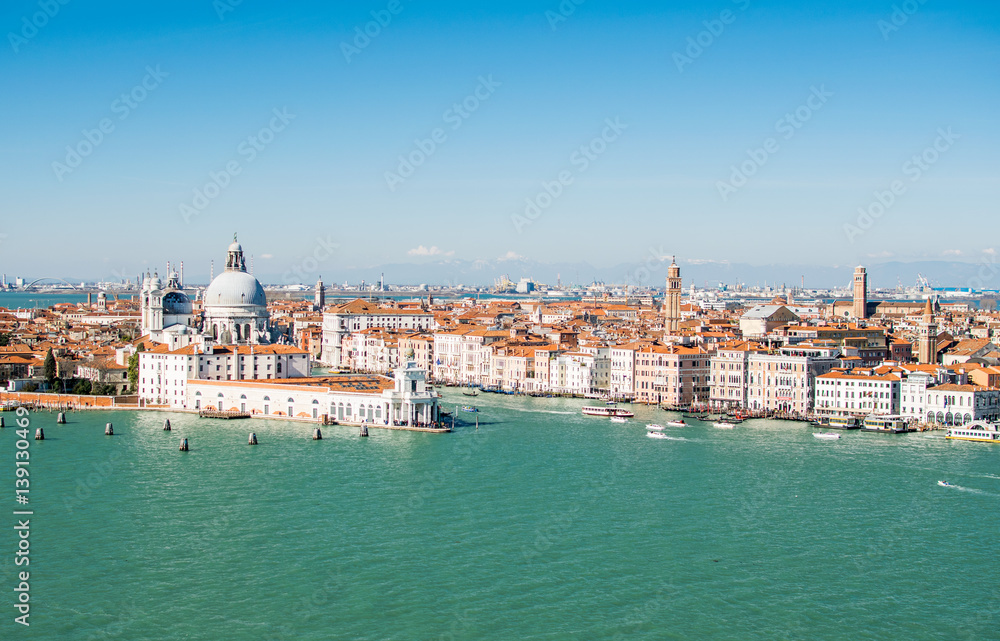 Landscape of Venice,Venice,Italy,25 February 2017, Giudecca channel,view of the church of Maria della Saiute , view from above