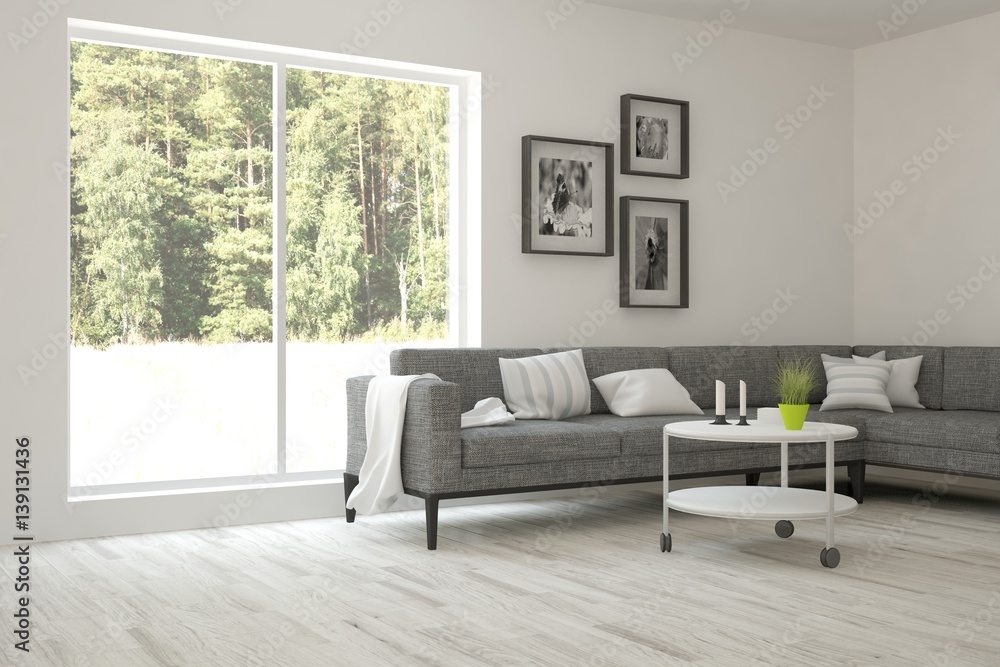 White room with sofa and green landscape in window. Scandinavian interior design. 3D illustration White room with sofa and green landscape in window. Scandinavian interior design. 3D illustration