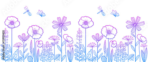 Linear pattern made of decorative flowers and plants with dragonfly and butterfly, nature of wild field and meadow. Vector illustration in light violet-blue isolated. Can be used as border.