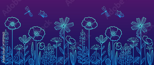 Linear pattern made of decorative flowers and plants with dragonfly and butterfly, nature of wild field and meadow. Vector sketch illustration in violet-blue colors. Can be used as border.