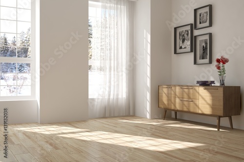 White empty room with shelf and winter landscape in window. Scandinavian interior design. 3D illustration photo