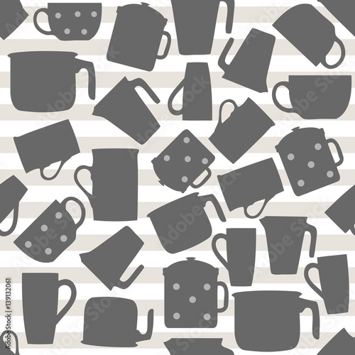 seamless kitchen tools pattern on stripe background with teapot , jug , mug