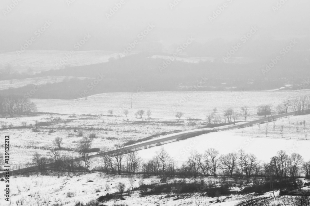 Foggy black and white landscape picture