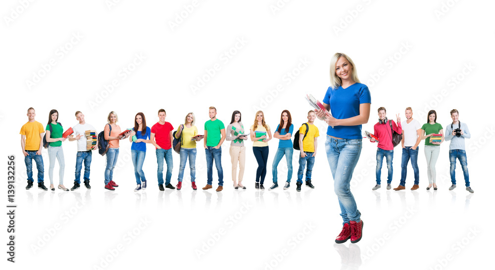 Large group of teenage students isolated on white background. Many different people standing together. School, education, college, university concept. Large group of teenage students isolated on white background. Many different people standing together. School, education, college, university concept.