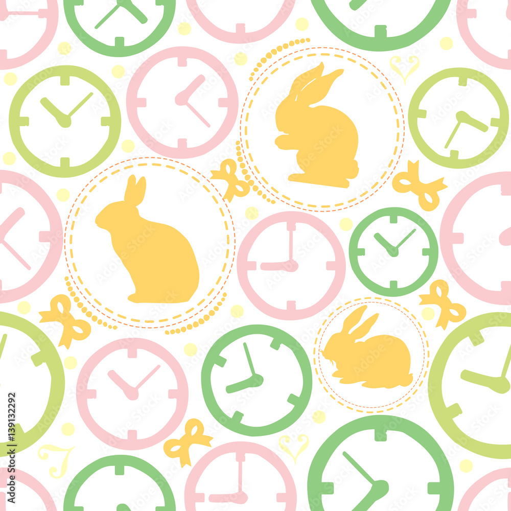SEAMLESS CLOCK WITH RABBIT PATTERN BACKGROUND , WONDERLAND THEME SEAMLESS CLOCK WITH RABBIT PATTERN BACKGROUND , WONDERLAND THEME