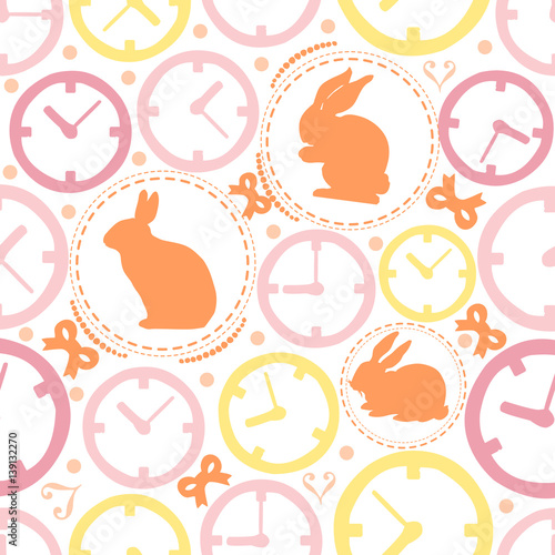 SEAMLESS CLOCK WITH RABBIT PATTERN BACKGROUND , WONDERLAND THEME