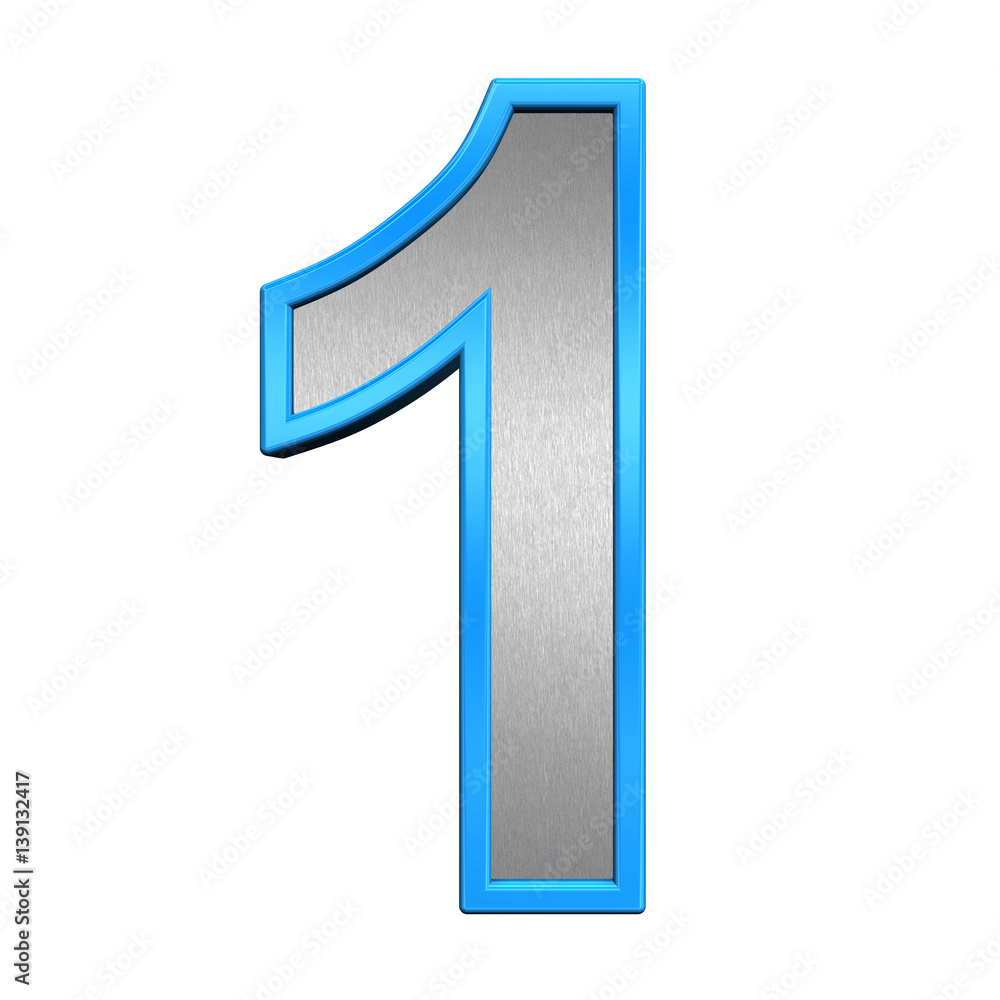 One digit from brushed silver with blue frame alphabet set, isolated on white. 3D illustration. One digit from brushed silver with blue frame alphabet set, isolated on white. 3D illustration.