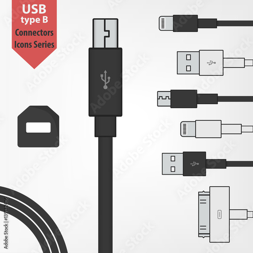 usb type B with socket. cables and adapters vector universal serial bus 3d icons design. computer peripherals connector or smartphone recharge supply. Lightning interface