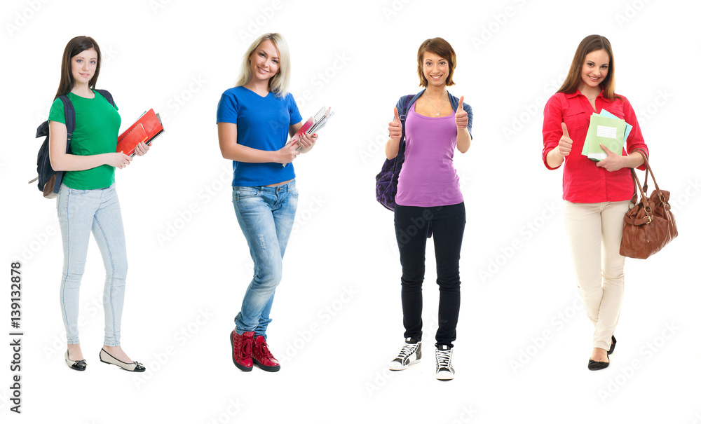 Group of happy female students. Collection set isolated on white backgound. Group of happy female students. Collection set isolated on white backgound.