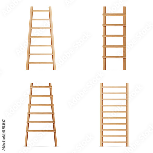 Wooden Step Ladder. Vector Set Of Various Ladders. Classic Staircase Isolated On White Background. Realistic Illustration.
