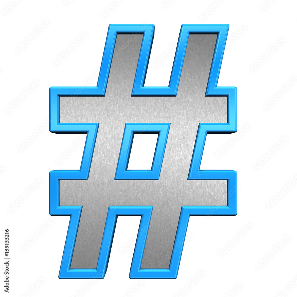 Number mark from brushed silver with blue frame alphabet set, isolated on white. 3D illustration. Number mark from brushed silver with blue frame alphabet set, isolated on white. 3D illustration.