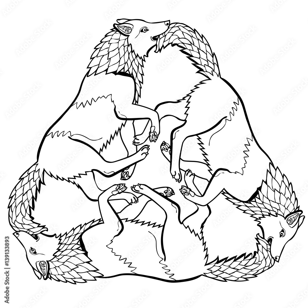 Vector illustration of three wolves viking fantasy ornament black and white Vector illustration of three wolves viking fantasy ornament black and white