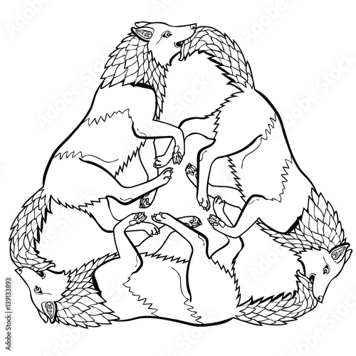 Vector illustration of three wolves viking fantasy ornament black and white 