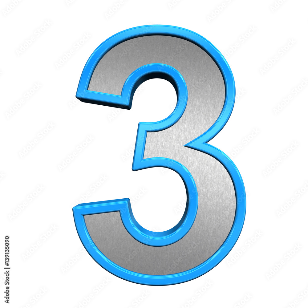 One digit from brushed silver with blue frame alphabet set, isolated on white. 3D illustration.