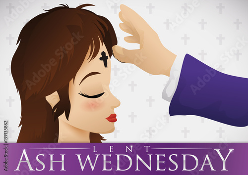 Young Woman Receiving the Ash Cross on Ash Wednesday, Vector Illustration