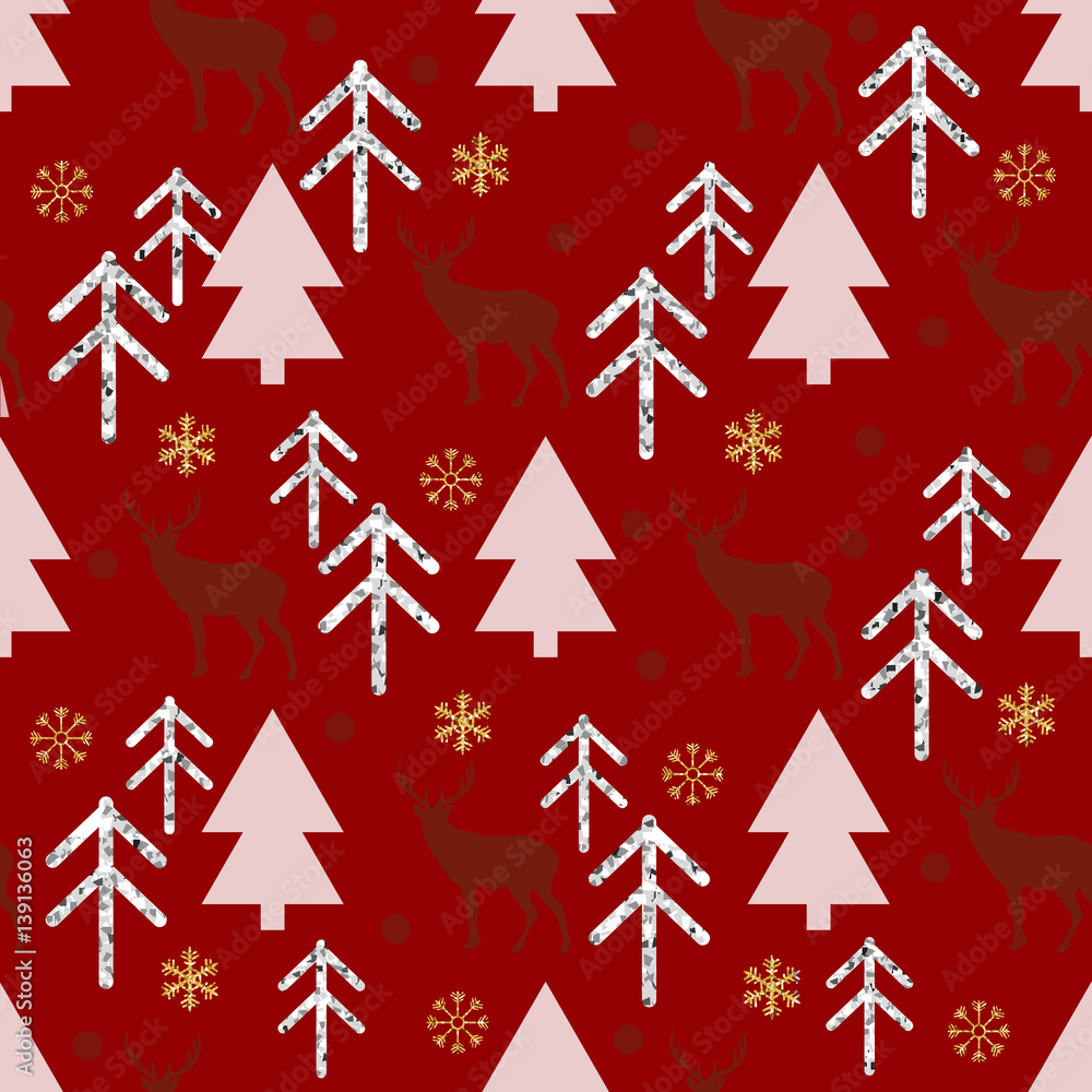 seamless xmas pattern on red with pine tree , reindeer and snowflake seamless xmas pattern on red with pine tree , reindeer and snowflake