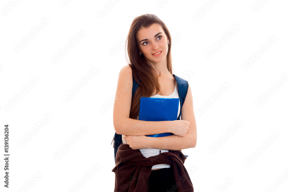 young girl holding a folder with papers and looks toward isolated on white background young girl holding a folder with papers and looks toward isolated on white background