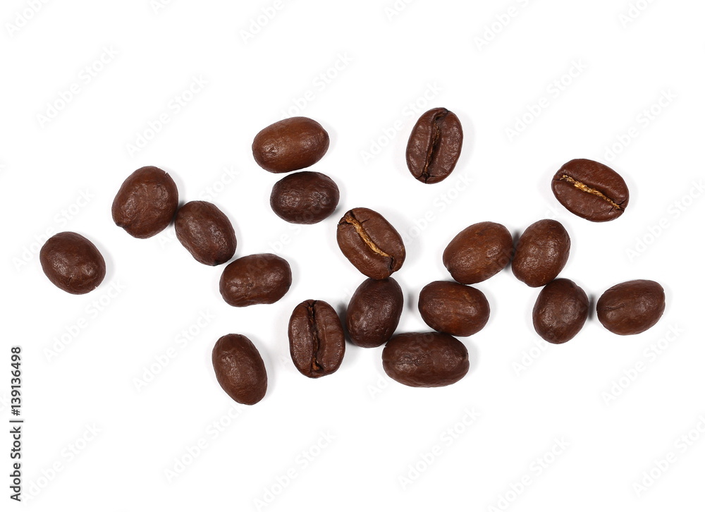 pile coffee beans isolated on white background and texture, top view pile coffee beans isolated on white background and texture, top view