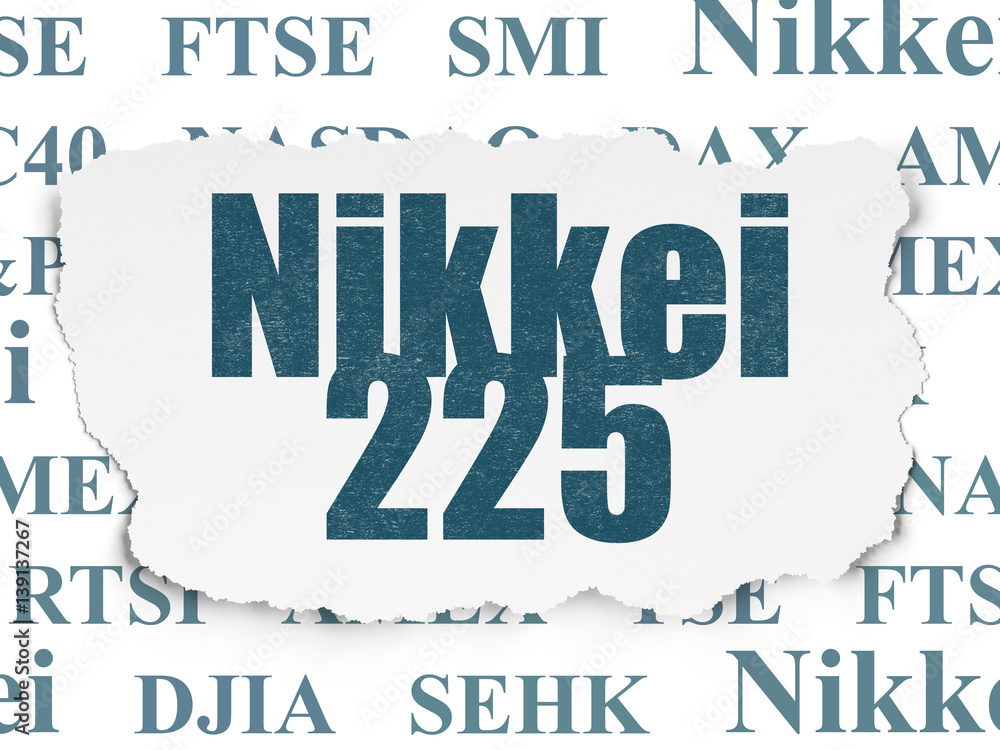 Stock market indexes concept: Nikkei 225 on Torn Paper background