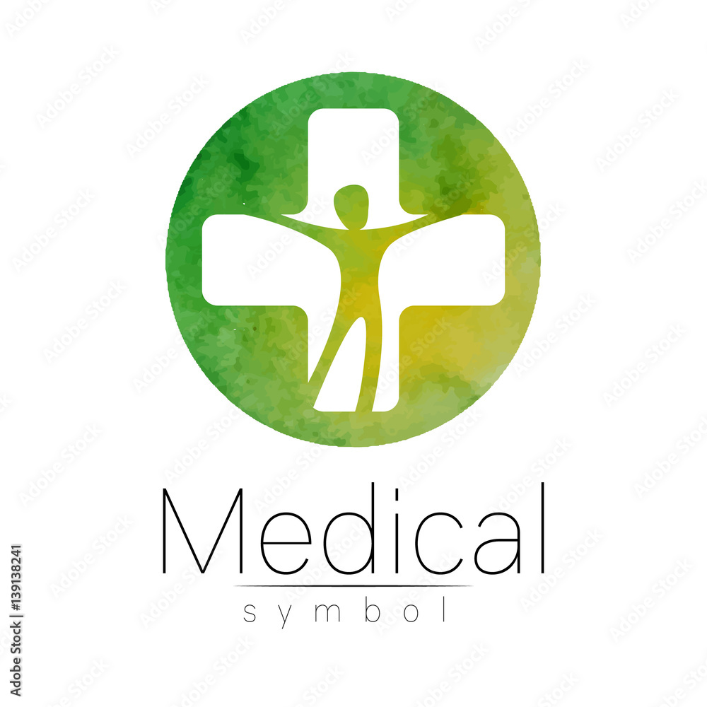 Vector medical sign with cross, human inside. Symbol for doctors, website,  visit card, icon. Green color. Medicine modern concept design. Health and  care. Watercolor blot. Stock Vector | Adobe Stock