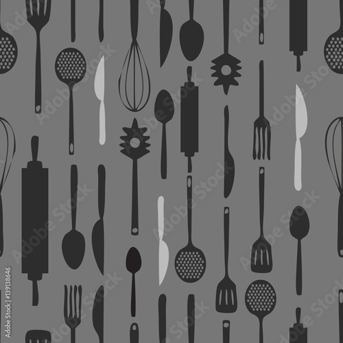 seamless monochrome kitchen tools pattern background
