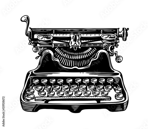 Hand-drawn vintage typewriter, writing machine. Publishing, journalism symbol. Sketch vector illustration