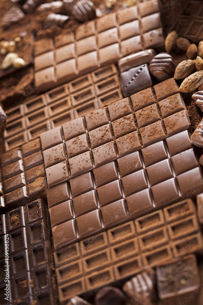 Chocolate sweet, cocoa pod and food dessert background Chocolate sweet, cocoa pod and food dessert background