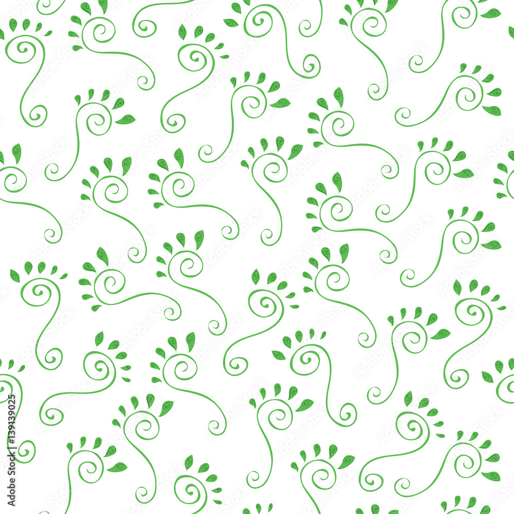 green footprints/ vector seamless pattern of swirls and leaves on a white background green footprints/ vector seamless pattern of swirls and leaves on a white background