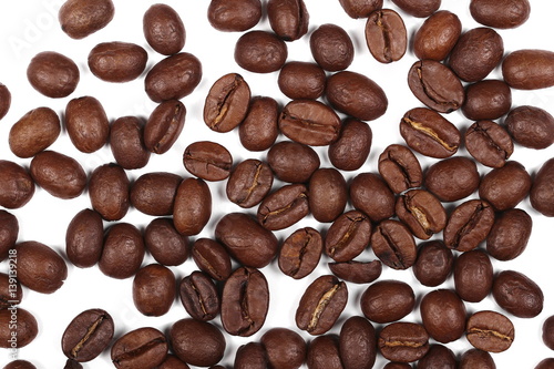 pile coffee beans isolated on white background and texture, top view