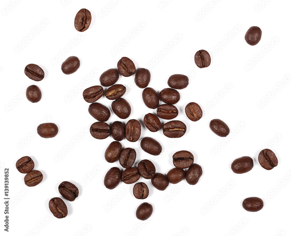 pile coffee beans isolated on white background and texture, top view pile coffee beans isolated on white background and texture, top view