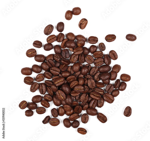 pile coffee beans isolated on white background and texture, top view