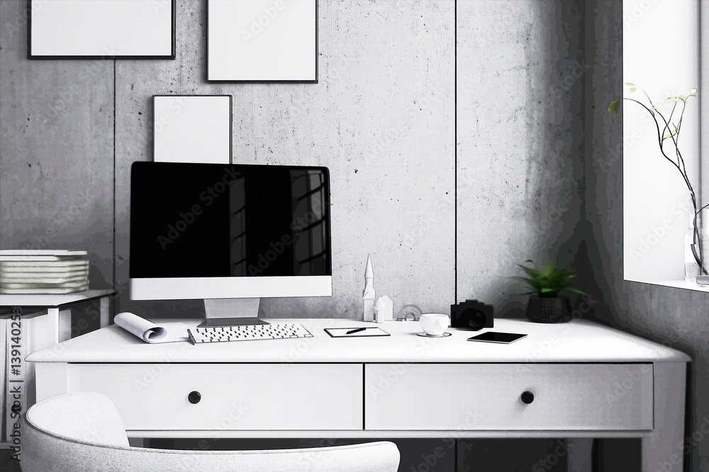 Fototapeta premium 3D Rendering : illustration of modern Creative designer office desk with PC computer.close up pc laptops mock up working place. Mock up. light from outside. filtered image to comic halftone