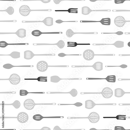 seamless monochrome kitchen tools pattern background