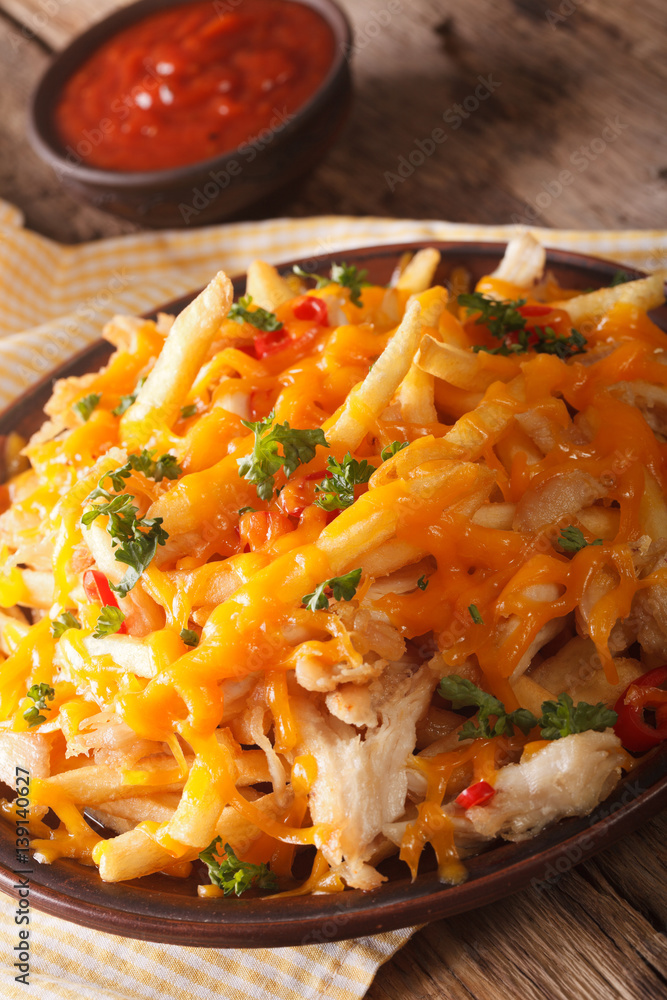 french fries with cheddar cheese and chicken meat macro. vertical french fries with cheddar cheese and chicken meat macro. vertical