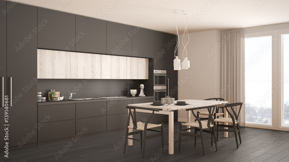 Modern minimal gray kitchen with wooden floor, classic interior design