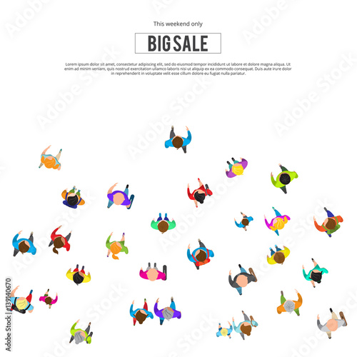 People run to an inscription. People top view isolated on white background