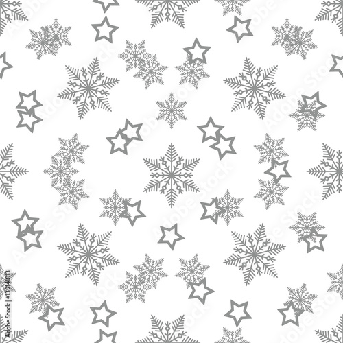 Star and Snowflake Seamless Pattern. Abstract seamless pattern with confetti stars and snowflake. Vector illustration. Shiny background. Texture of gold foil. Vector EPS 10.