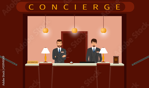 Concierge desk service. Front view of hotel concierge counter with two hotel employee.