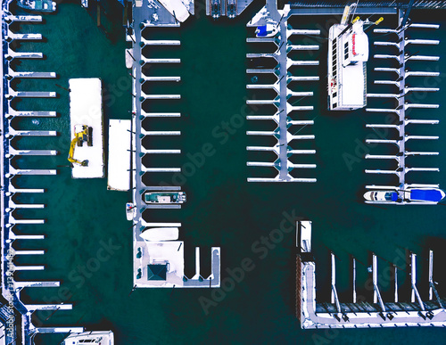 Marina with boats, overhead view photo