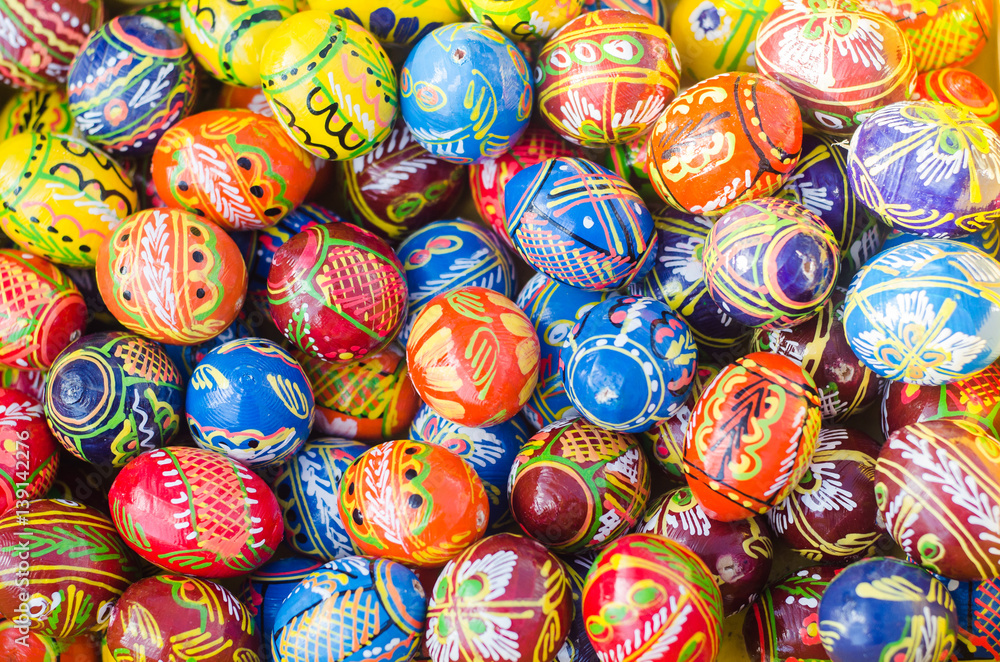Colorful wooden Easter eggs hand-painted