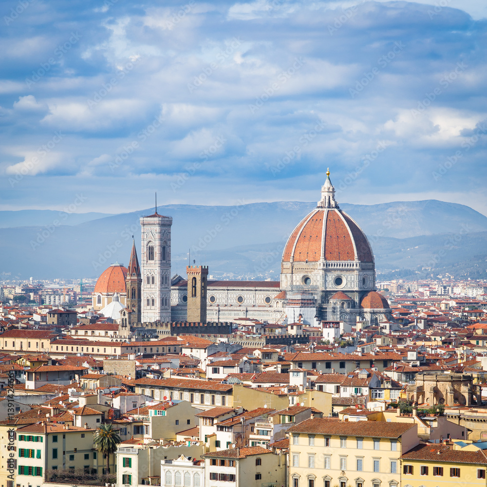 Florence, Italy, Tuscany. View on The Cathedral Santa Maria del Fiore, clouds sky