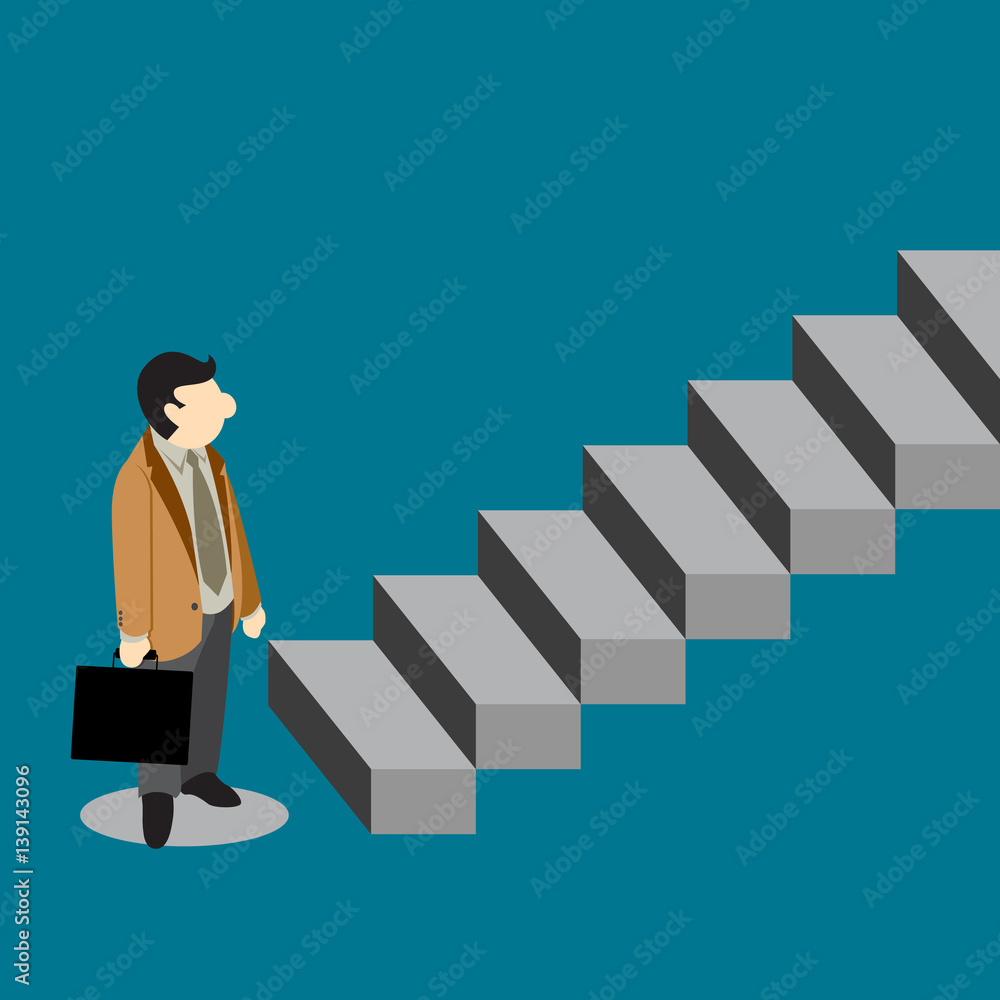Simple Business Cartoon Vector of a man doubt to step to stairs Simple Business Cartoon Vector of a man doubt to step to stairs