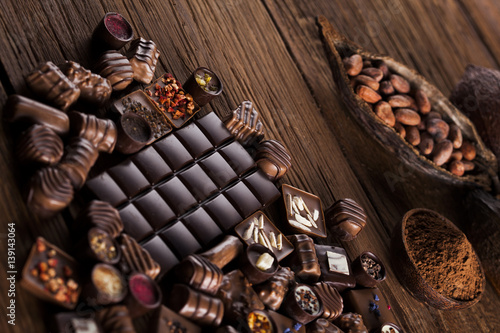 Praline Chocolate on wooden backgroud
