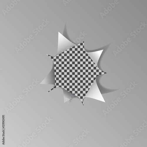 Torn hole in white sheet of paper on transparent background