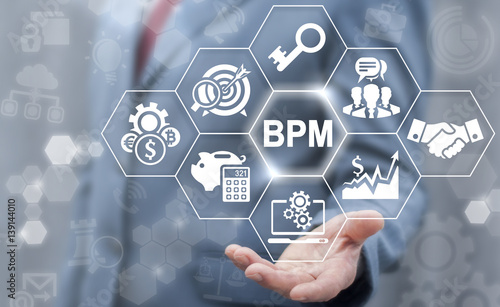 BPM: Business Process Management concept. Company Strategy, Marketing, Development technology. Businessman offer bpm icon on virtual screen.
 photo